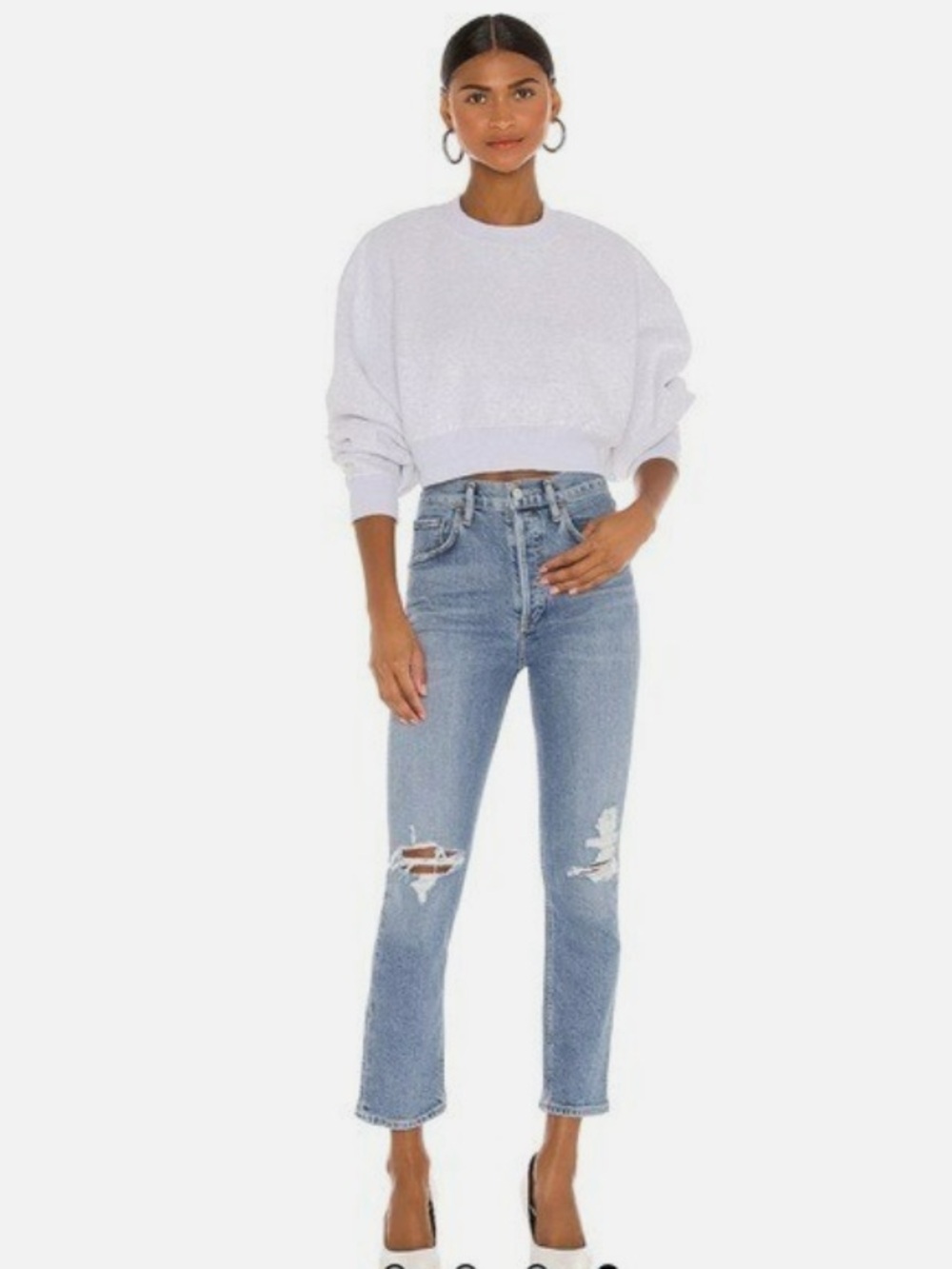 Aritzia Agolde Riley Cropped High Rise Jeans Distressed Button Fly Size 23
